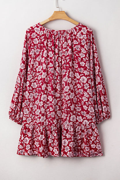 Purple Plus Floral Balloon Sleeve V Neck Relaxed Dress