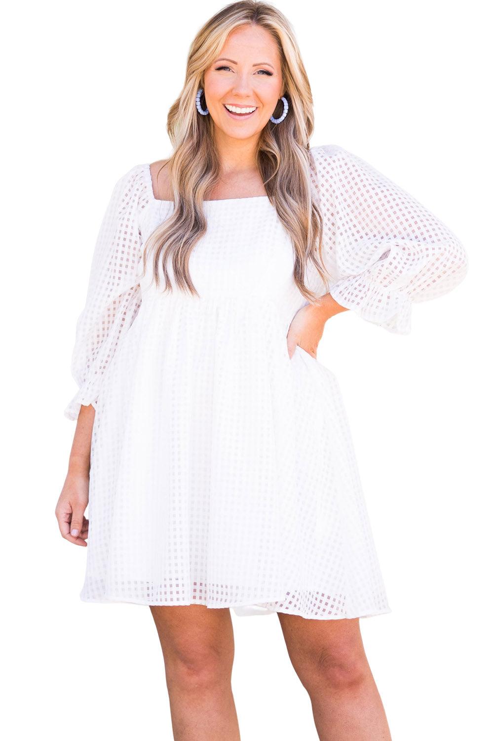 Gingham Square Neck Puff Sleeve Plus Size Dress - L & M Kee, LLC