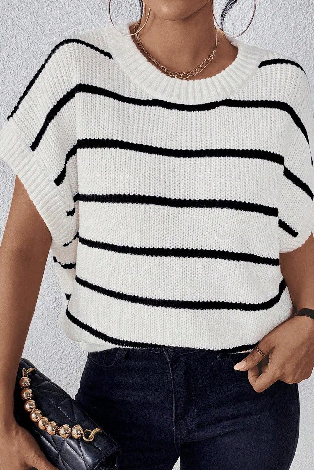 White Stripe Striped Pattern Batwing Sleeve Sweater - L & M Kee, LLC