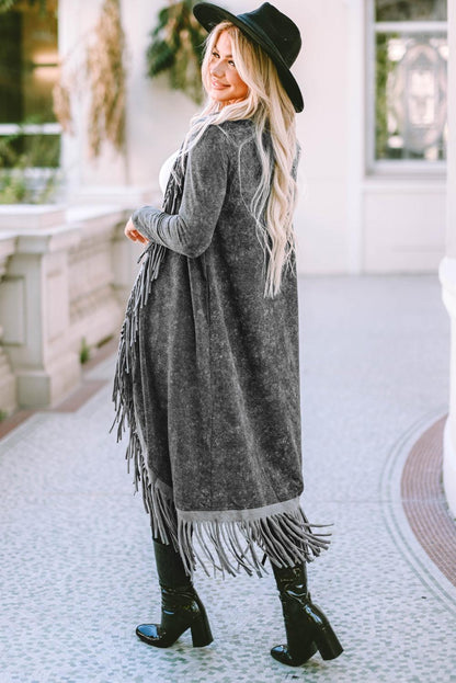 Black Fringed Hem Pocketed Open Cardigan - L & M Kee, LLC