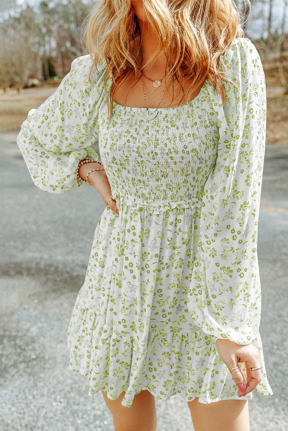 Pear Green Boho Floral Smocked Puff Sleeve Mini Dress - L & M Kee, LLC