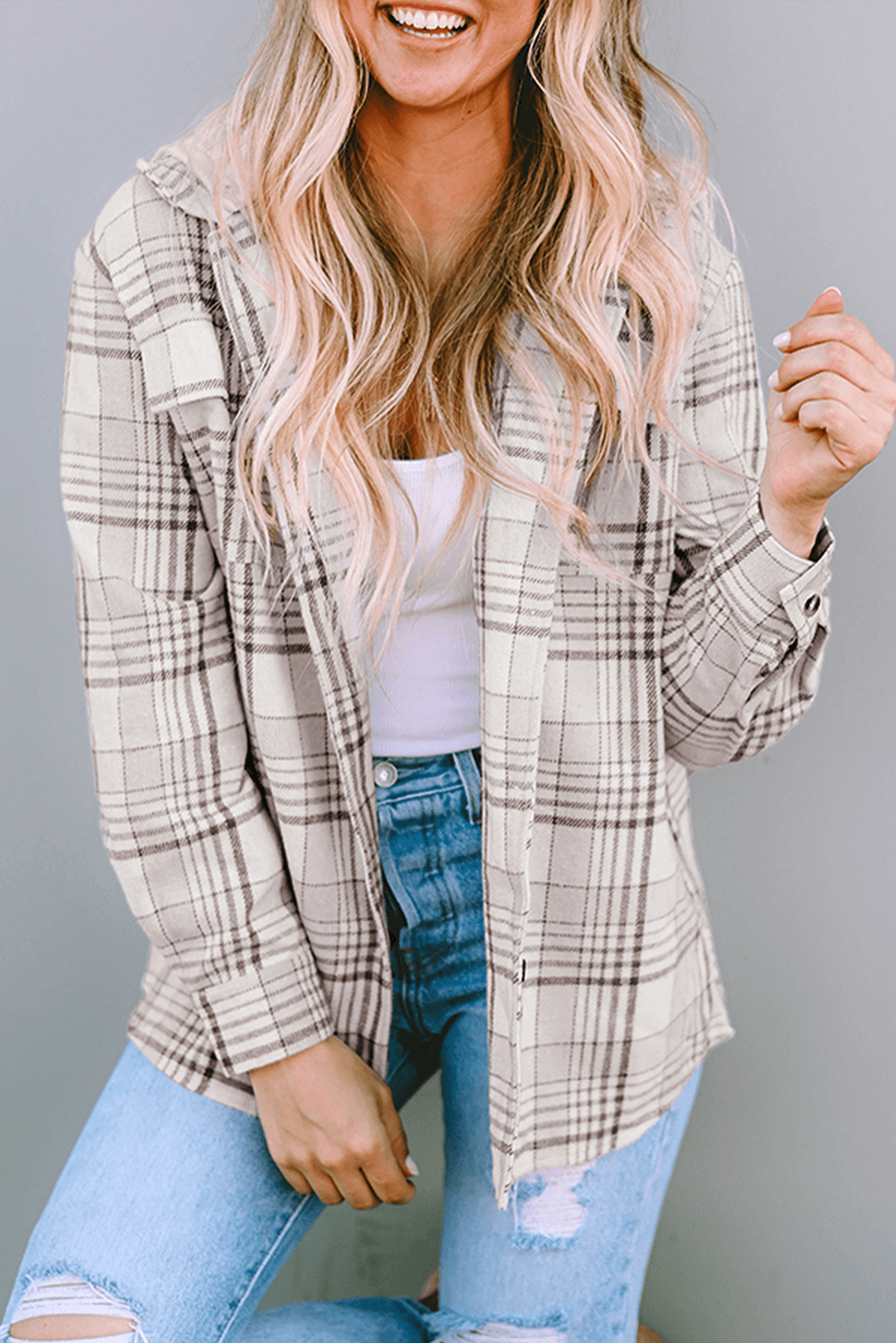 Khaki Plaid Removable Hood Buttoned Shacket - L & M Kee, LLC