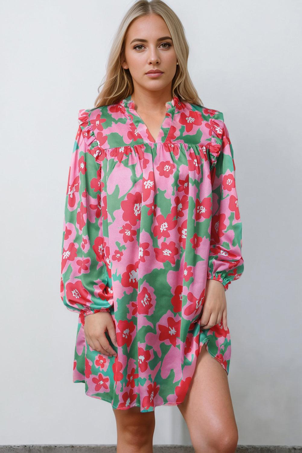 Pink Split V Neck Bubble Sleeve Loose Floral Dress - L & M Kee, LLC