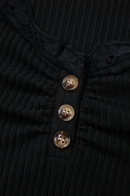 Black Lace Neckline Button Decor Lettuce Edge Long Sleeve Ribbed Top