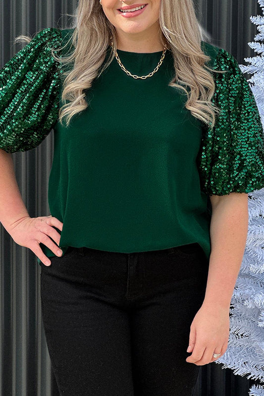 Blackish Green Plus Size Sequin Short Puff Sleeve Top - L & M Kee, LLC