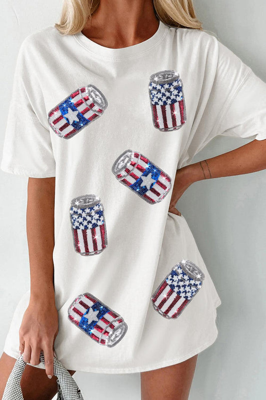 White Sequin American Flag Can Oversized Graphic Tee