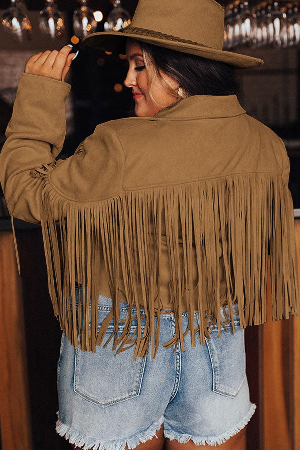 Camel Fringe Plus Size Cropped Jacket - L & M Kee, LLC