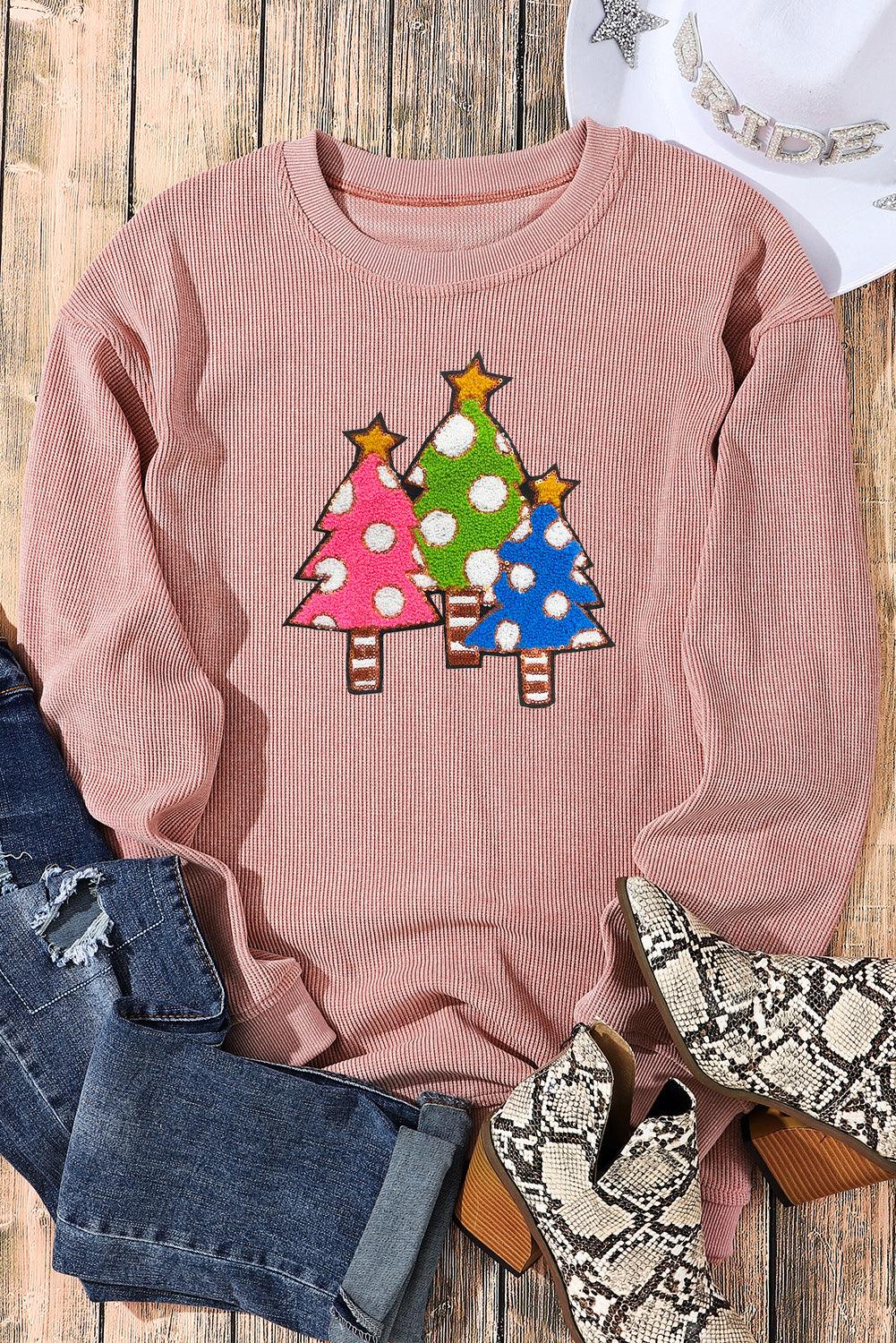 Pink Vintage Wash Sequined Christmas Tree Corded Sweatshirt - L & M Kee, LLC