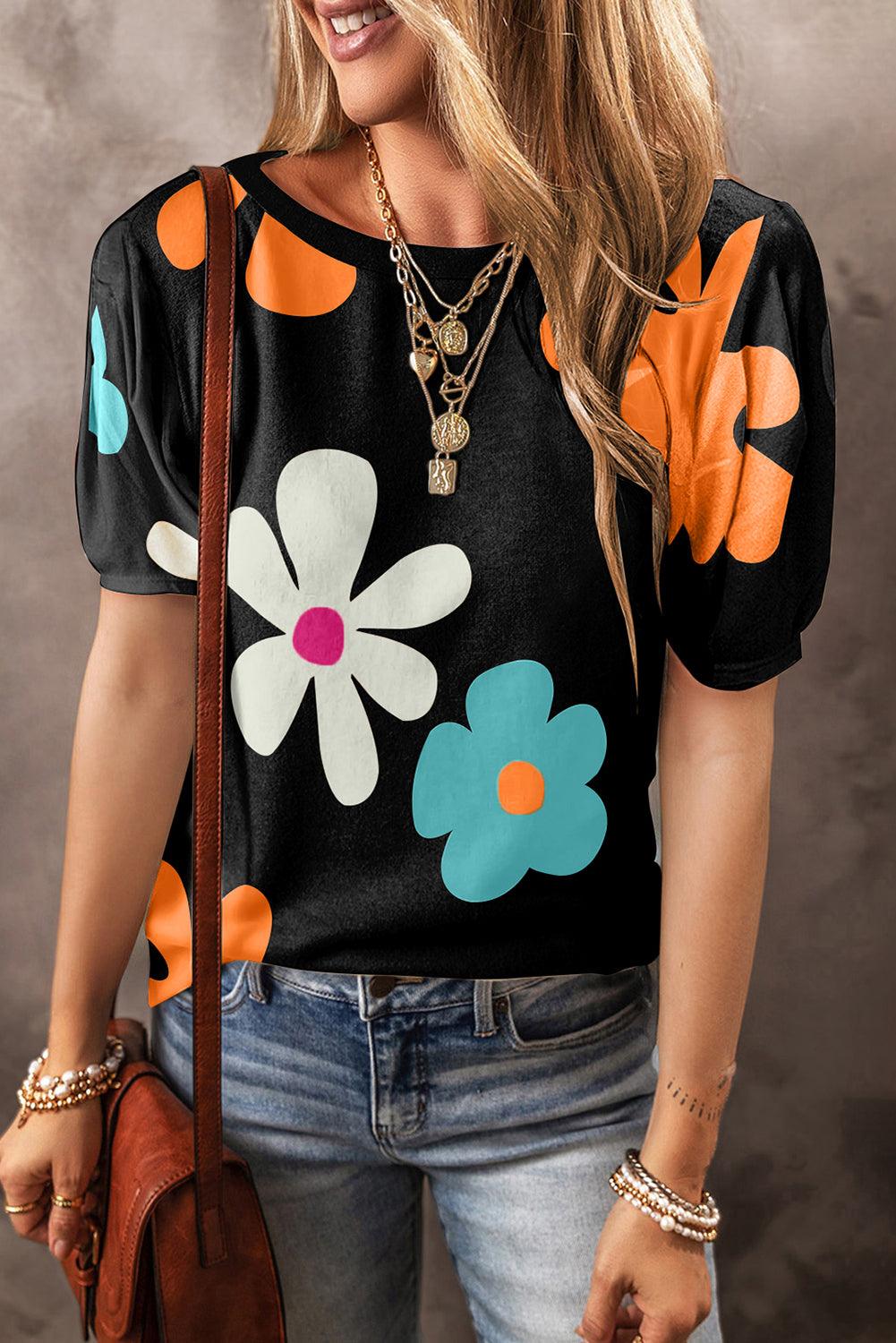 Black Flower/Bowknot Print Bubble Sleeve Tee - L & M Kee, LLC