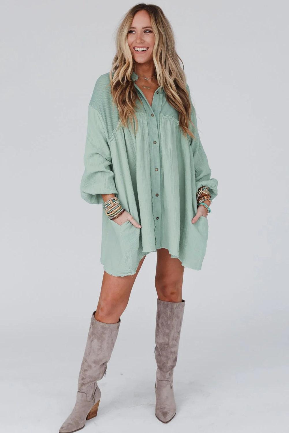 Green Patchwork Crinkle Puff Sleeve Shirt Dress - L & M Kee, LLC