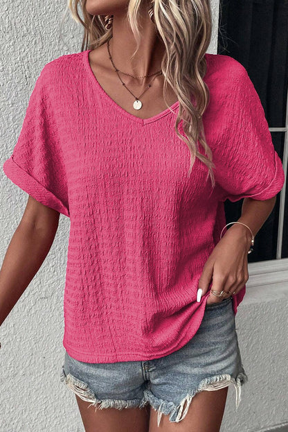 Bright Pink Textured Rolled Short Sleeve V Neck Blouse - L & M Kee, LLC