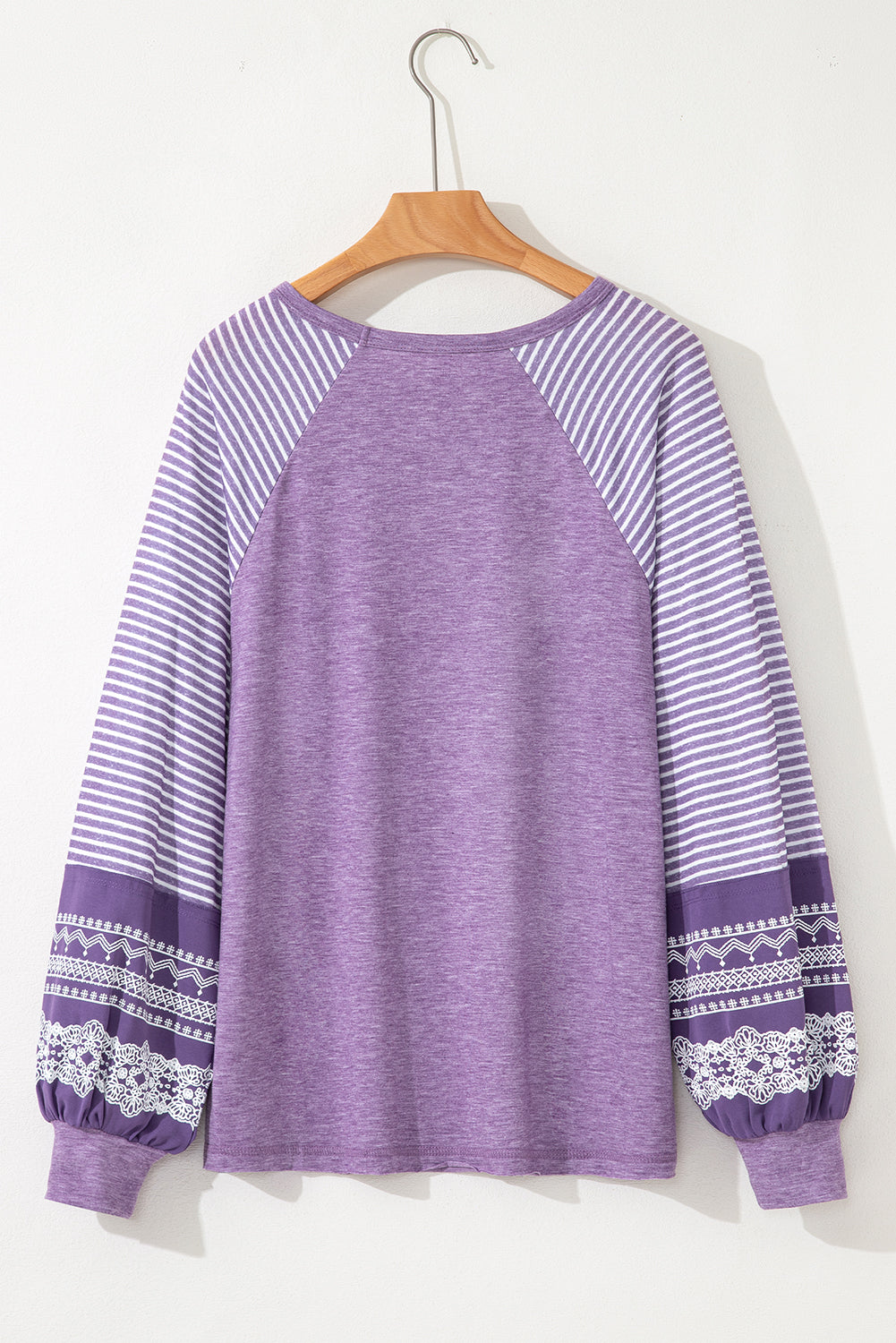 Tillandsia Purple Contrast Print Striped Raglan Long Sleeve Loose Top