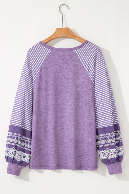 Tillandsia Purple Contrast Print Striped Raglan Long Sleeve Loose Top
