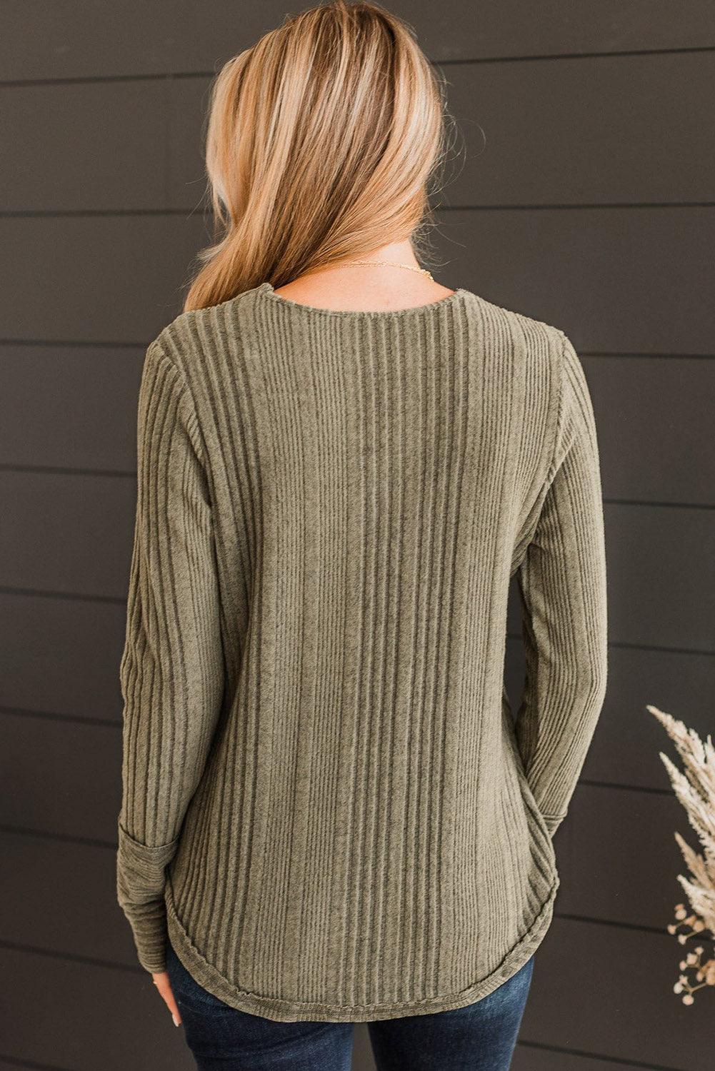 Jungle Green V Neck Buttoned Ribbed Knit Top - L & M Kee, LLC