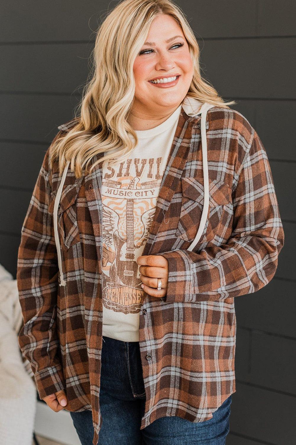 Brown Plus Size Plaid Contrast Button up Hooded Jacket - L & M Kee, LLC