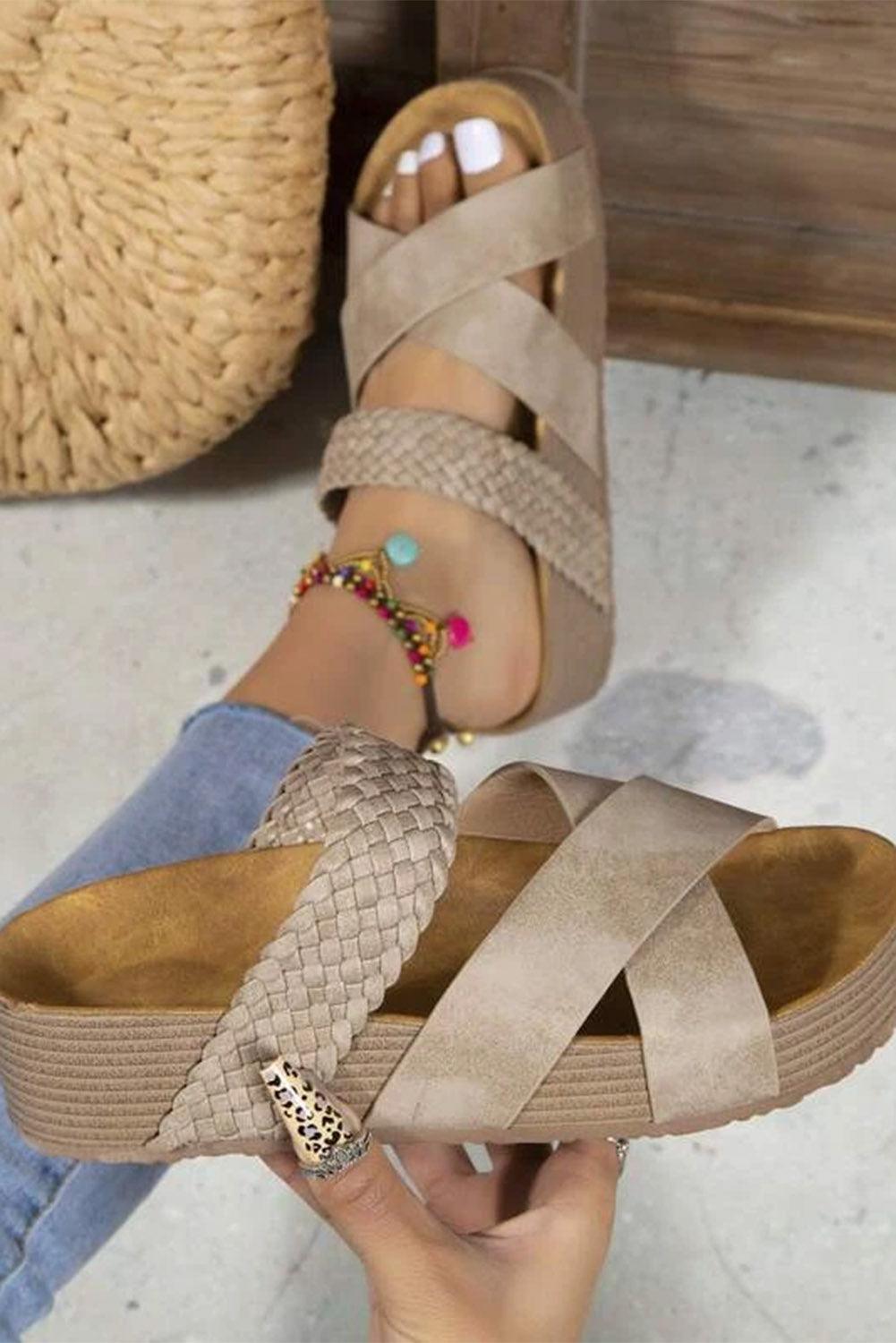 Braided Detail Criss Cross Platform Slippers - L & M Kee, LLC