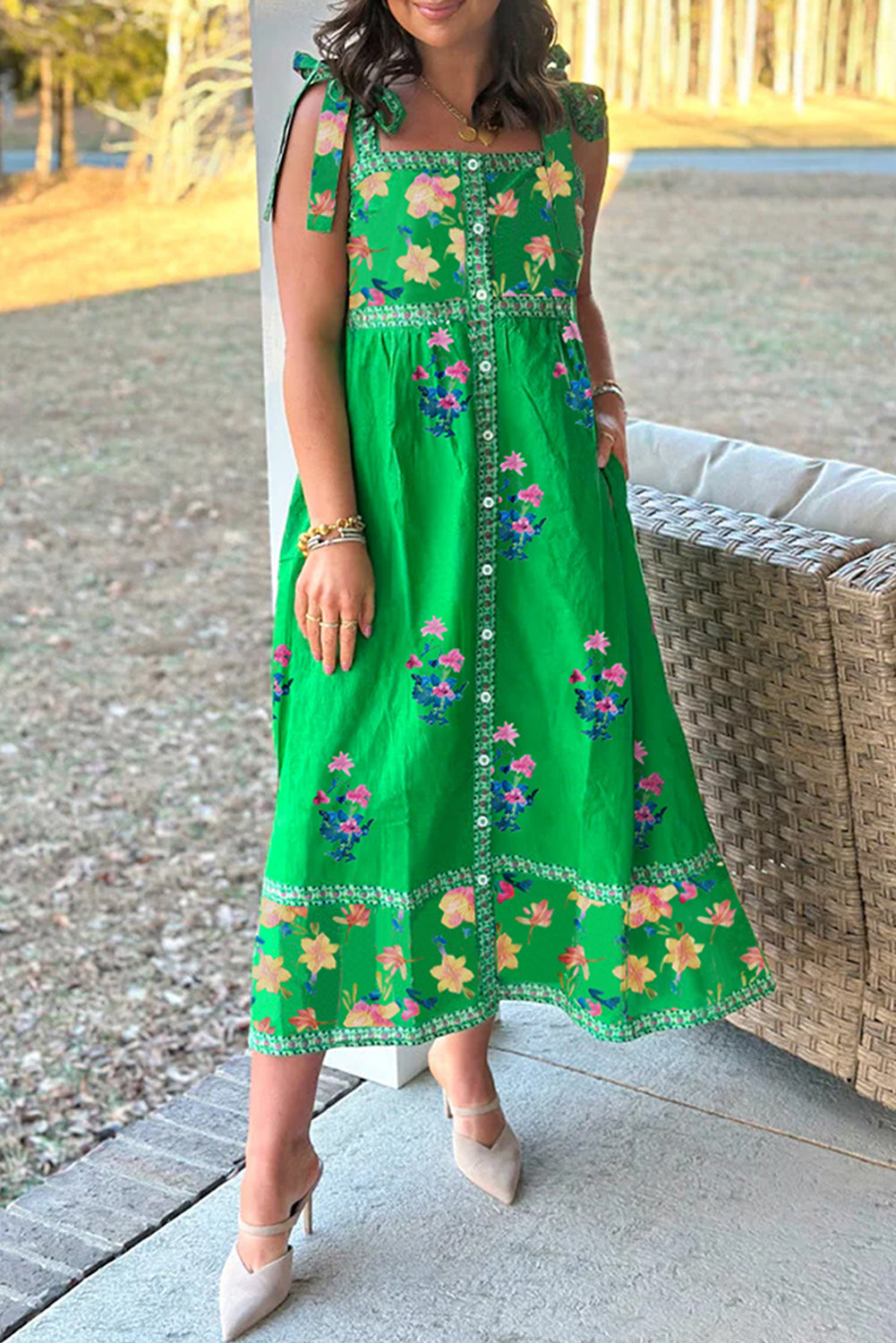 Green Floral Print Contrast Trim Knotted Straps Midi Dress