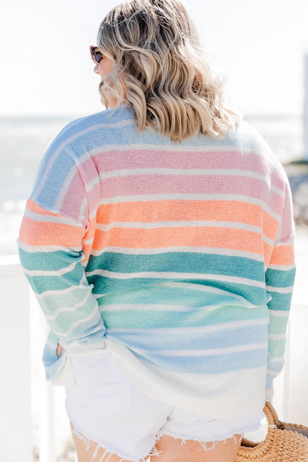 Multicolor Striped Long Sleeve Crewneck Plus Size Sweater - L & M Kee, LLC