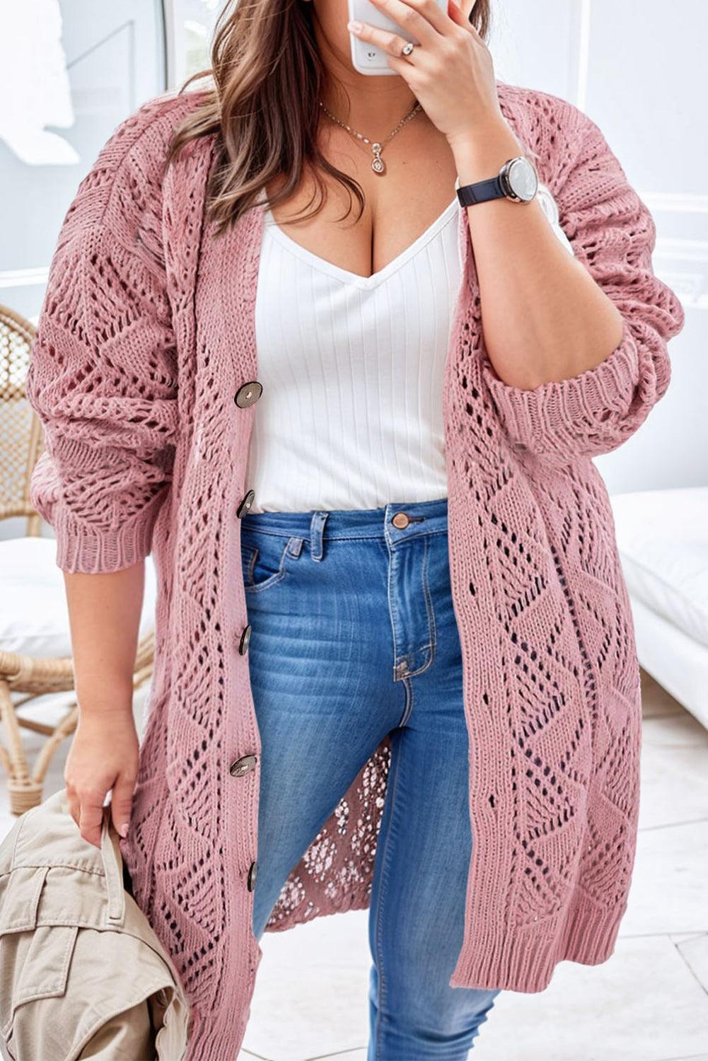 Pink Open Knit Button-Up Plus Size Cardigan - L & M Kee, LLC