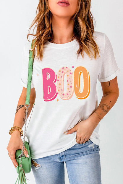 White Halloween BOO Letter Graphic T-shirt - L & M Kee, LLC