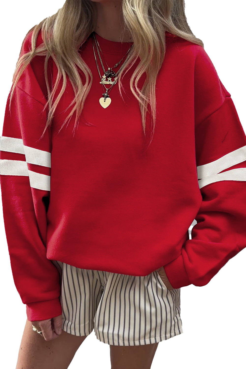 Fiery Red Varsity Striped Detail Drop Shoulder Oversized Sweatshirt