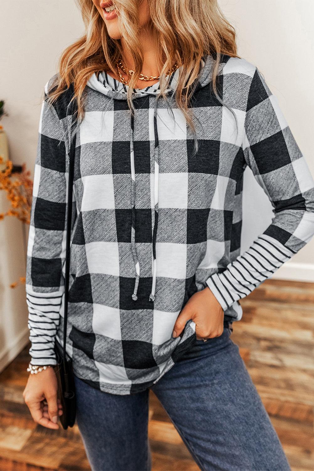 Multicolour Plaid Striped Patchwork Drawstring Hoodie - L & M Kee, LLC