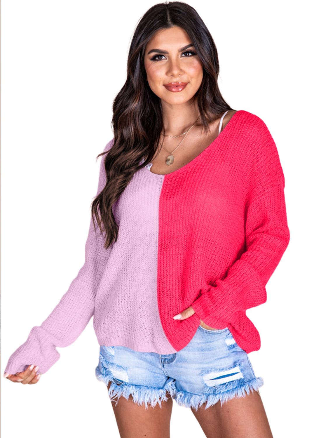 Long Sleeve V-Neck Colorblock Sweater - L & M Kee, LLC