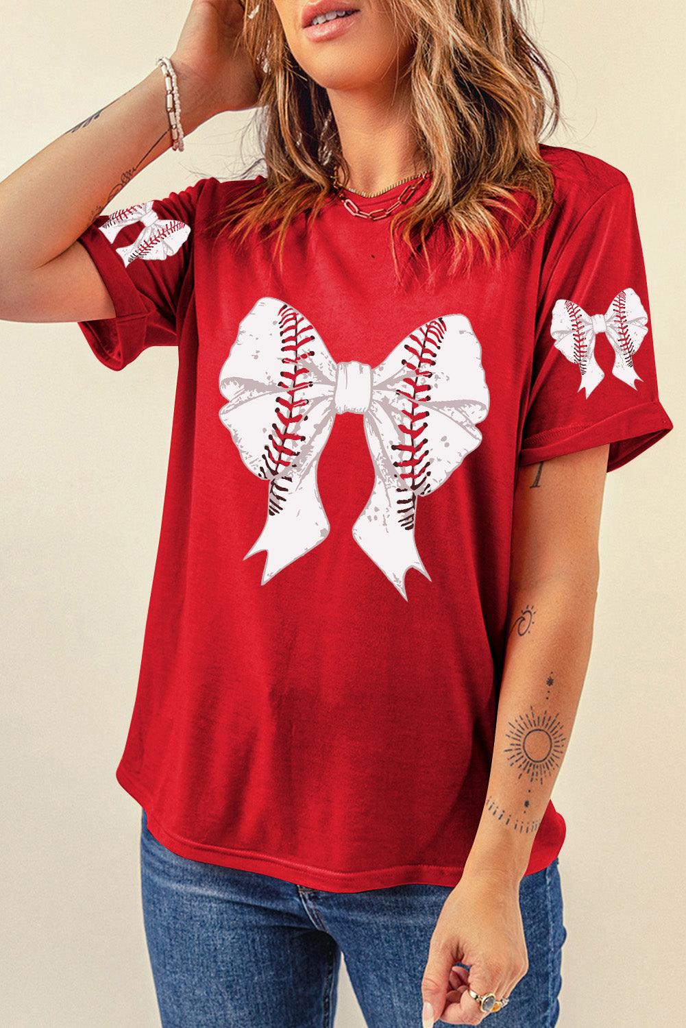 Red Baseball Bowknot Graphic Relaxed T Shirt