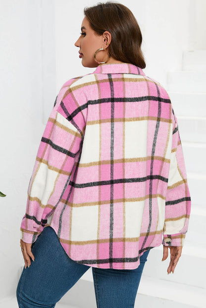 Pink Plaid Color Block Buttoned Long Sleeve Jacket with Pocket