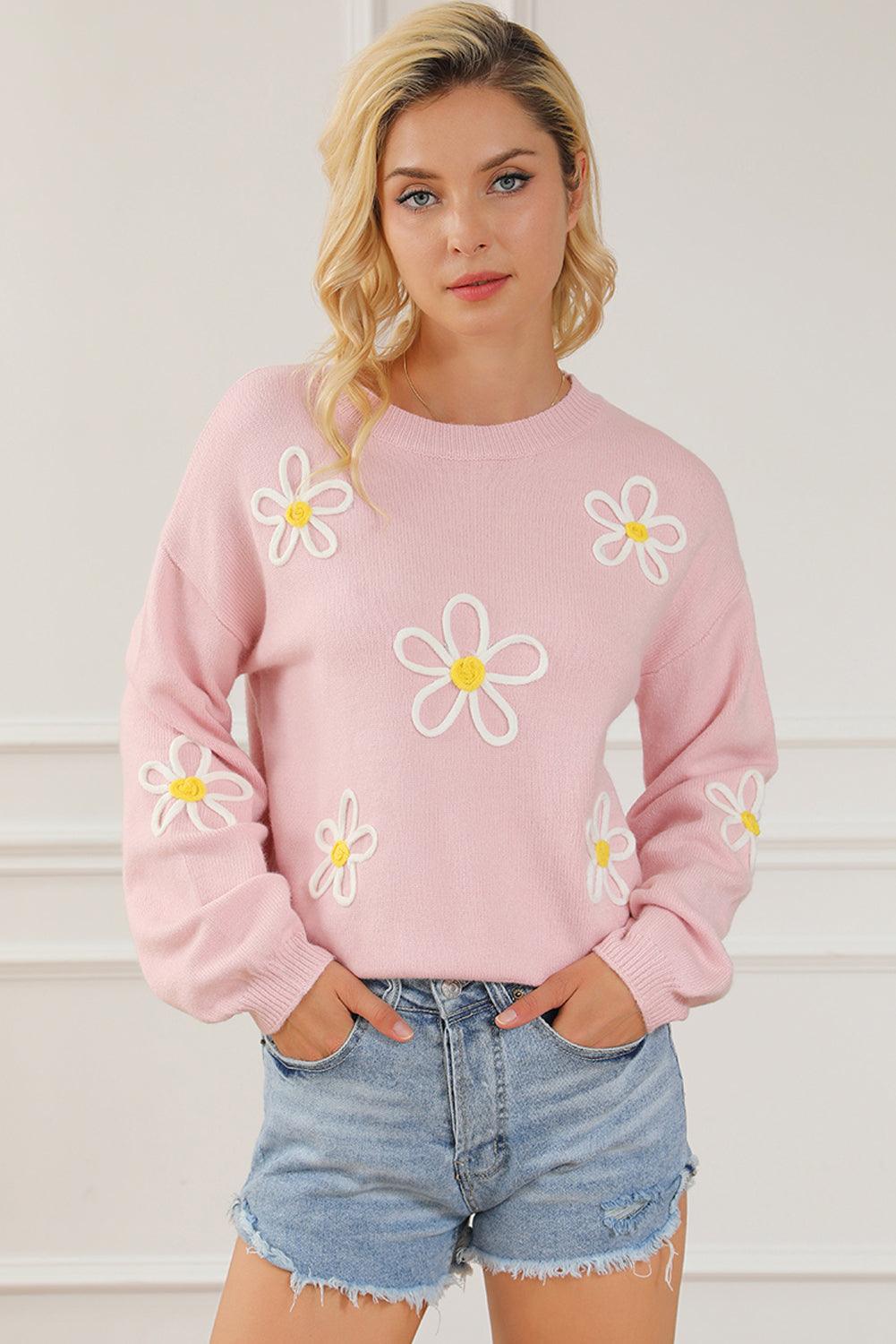 Pink Chenille Daisy Stitching Crew Neck Sweater - L & M Kee, LLC