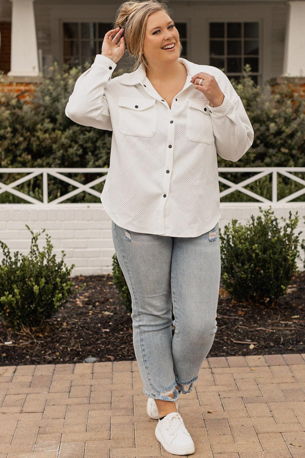 Beige Plus Size Textured Flap Pockets Jacket - L & M Kee, LLC