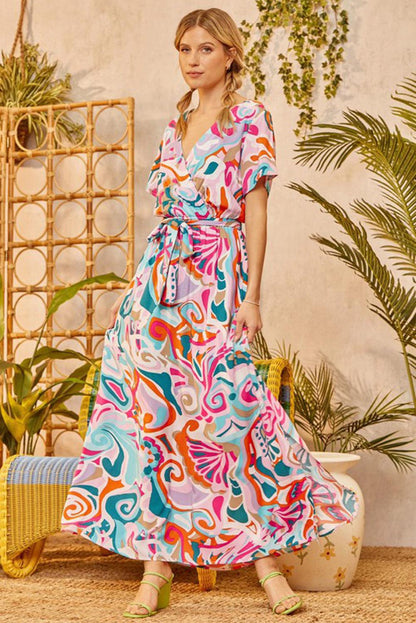 Multicolor Abstract Printed Wrap V Neck Belted Maxi Dress - L & M Kee, LLC