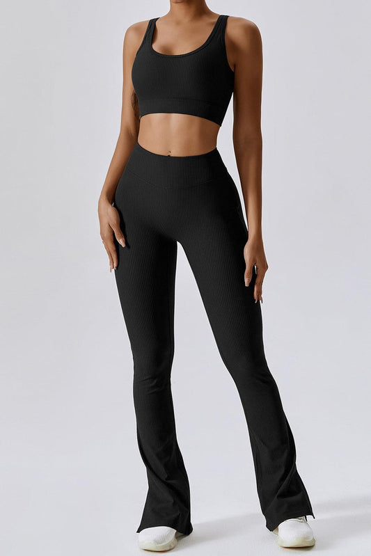 Black Ribbed U Neck Cropped Tank and Split Leggings Set - L & M Kee, LLC