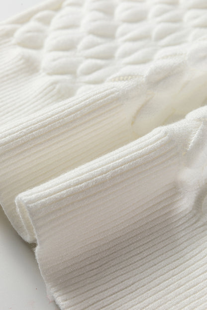 White Fish Scale Textured Knit Ribbed High Neck Short Sleeve Sweater