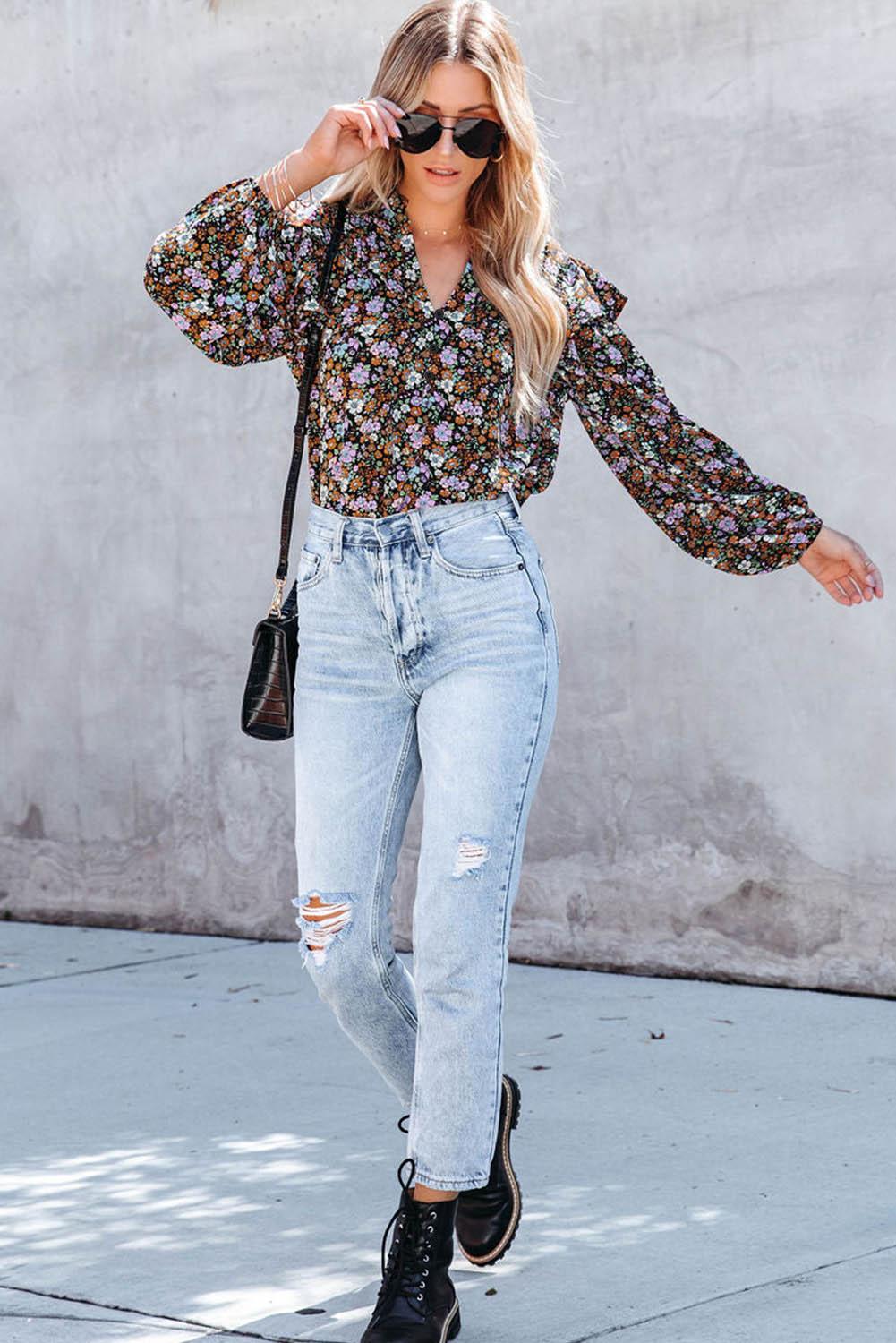 Floral Print Ruffled Bubble Sleeve Shirt - L & M Kee, LLC