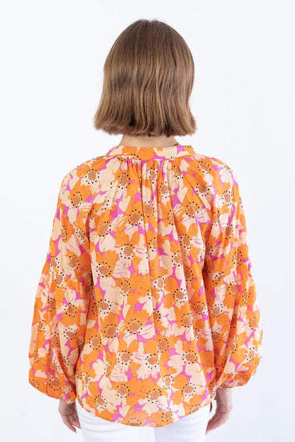Orange Floral Print Loose Sleeve Shirt - L & M Kee, LLC