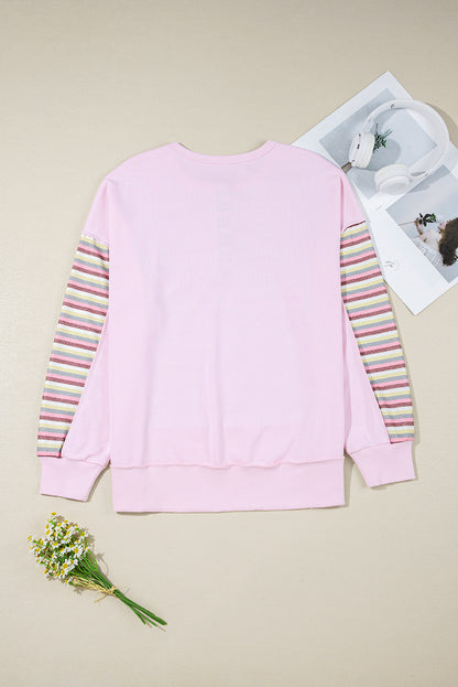 Pink Exposed Seam Color Block Striped Patchwork Loose Henley Sweatshirt