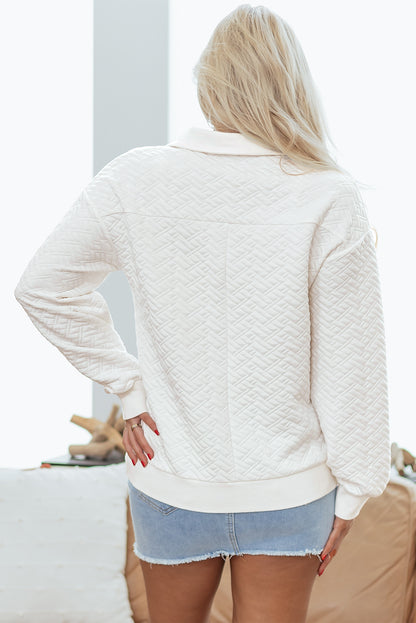 White Textured Pocketed Collared V Neck Pullover Sweatshirt