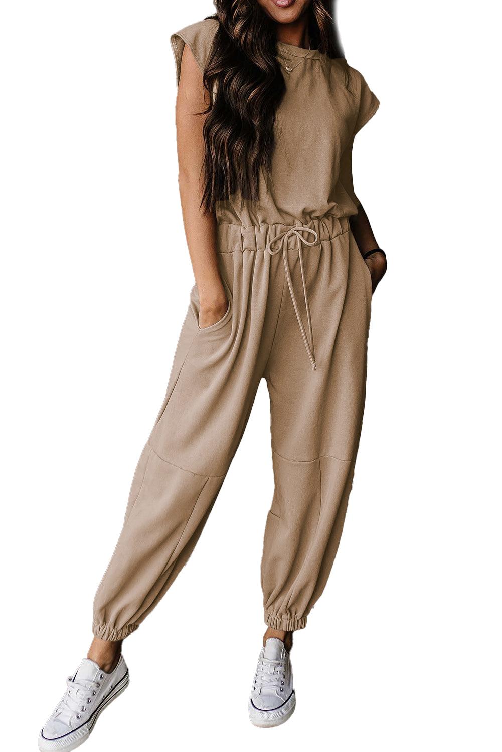 Medium Grey Cap Sleeve Open Back Drawstring Jogger Jumpsuit - L & M Kee, LLC