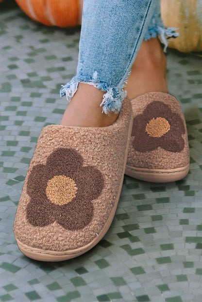 Camel Fuzzy Flower Pattern Homewear Slippers - L & M Kee, LLC