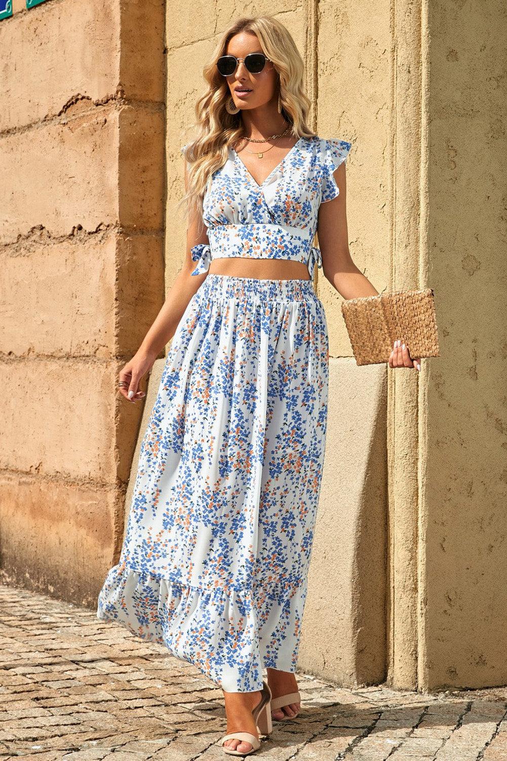 White Floral Ruffled Crop Top and Maxi Skirt Set - L & M Kee, LLC