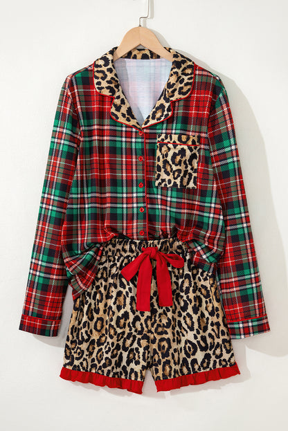 Racing Red Retro Plaid Leopard Print Patchwork Long Sleeve Shorts Pajama Set