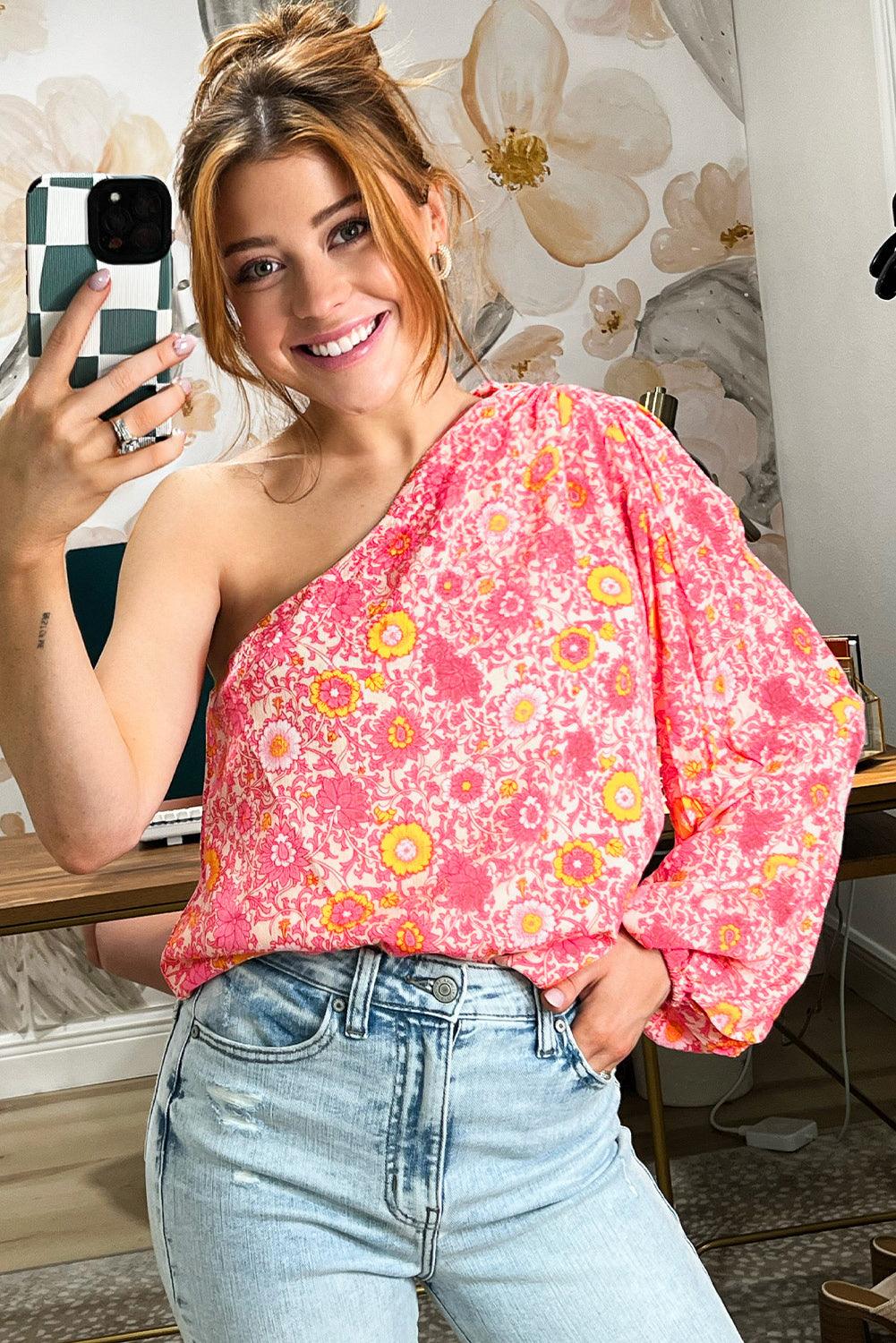 Pink Floral One Shoulder Pleated Bubble Sleeve Blouse - L & M Kee, LLC