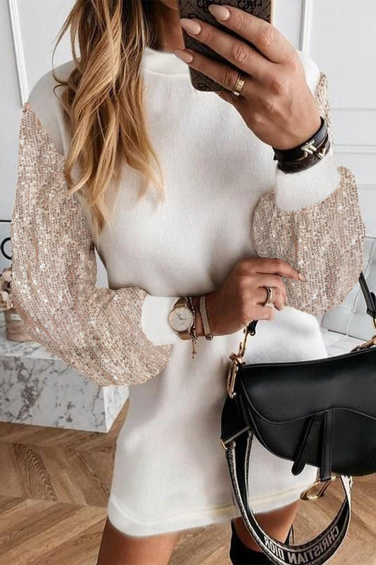 White Sequin Puff Sleeve Shift Mini Dress - L & M Kee, LLC