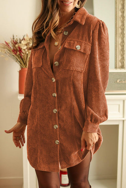 Khaki Corduroy Buttoned 	Long Sleeve Shirt Dress - L & M Kee, LLC