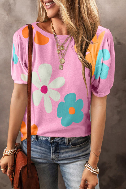 Pink Flower Print Bubble Sleeve Tee - L & M Kee, LLC