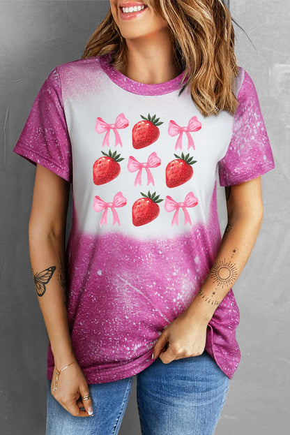 Rose Strawberry Bow Knot Bleach Print O Neck Casual Tee - L & M Kee, LLC