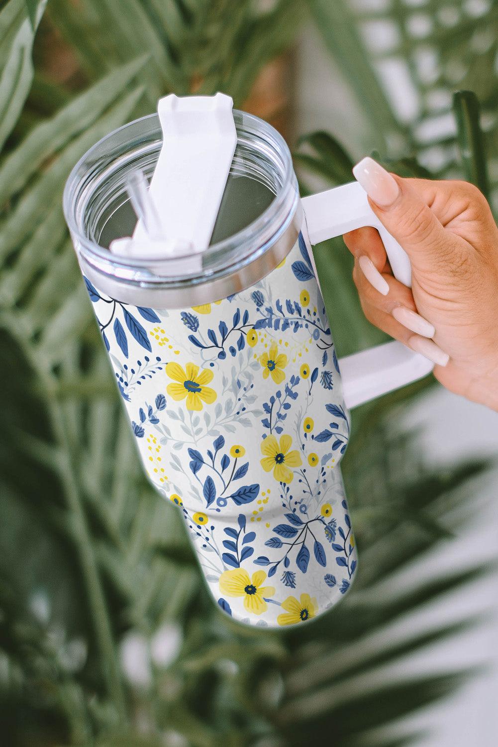 White Flower Print Stainless Handled Large Tumbler 40oz - L & M Kee, LLC