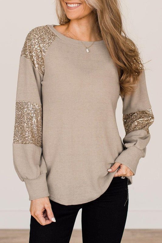 Flaxen Sequin Patched Long Sleeve Top - L & M Kee, LLC