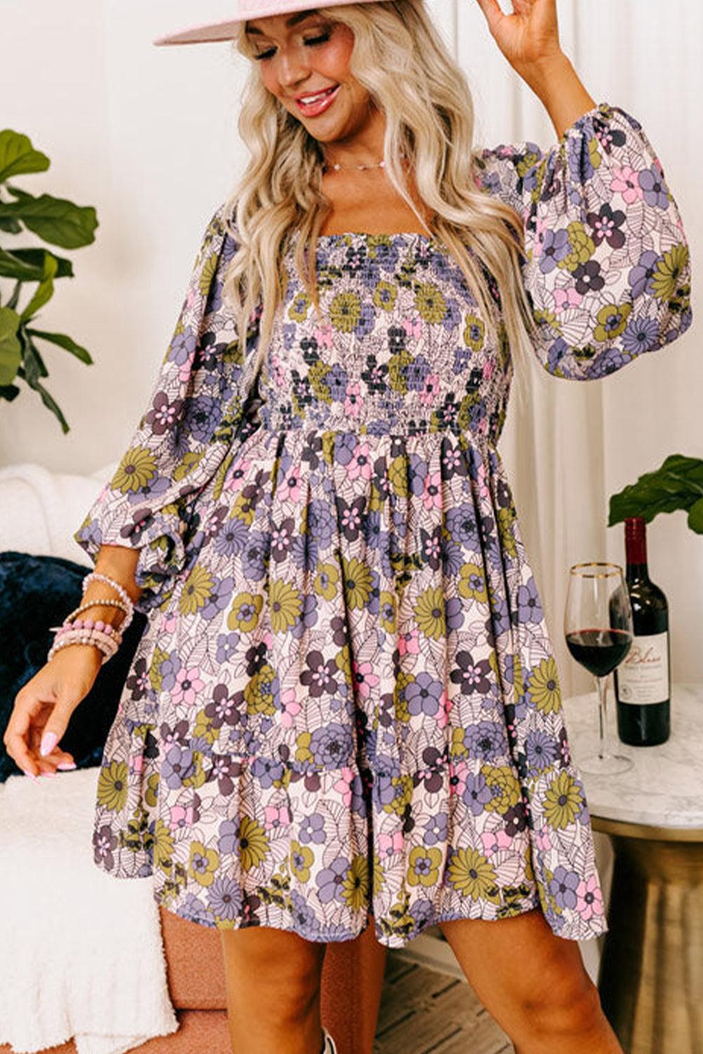 Floral Smocked Bust Square Neck Ruffled Dress - L & M Kee, LLC